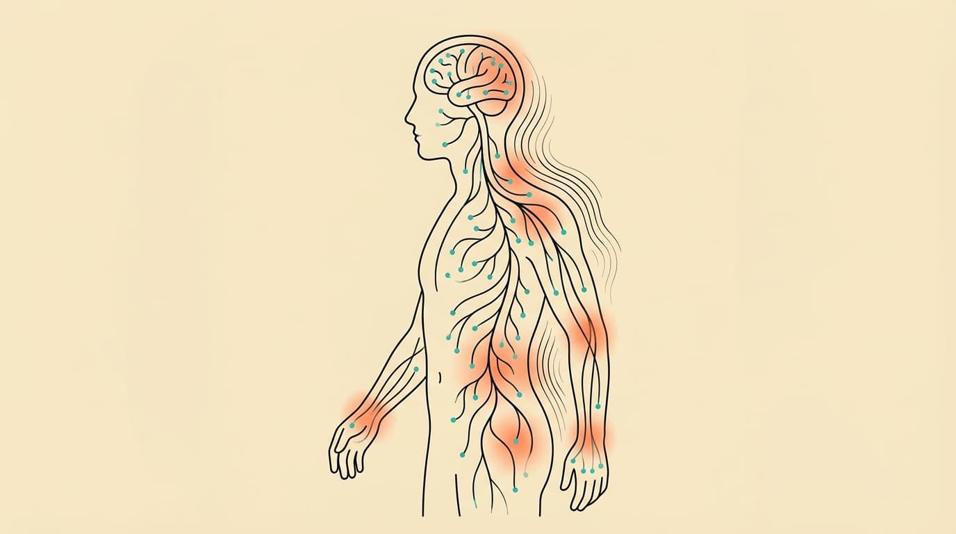 Line-art illustration of the human nervous system transitioning from stress to calm