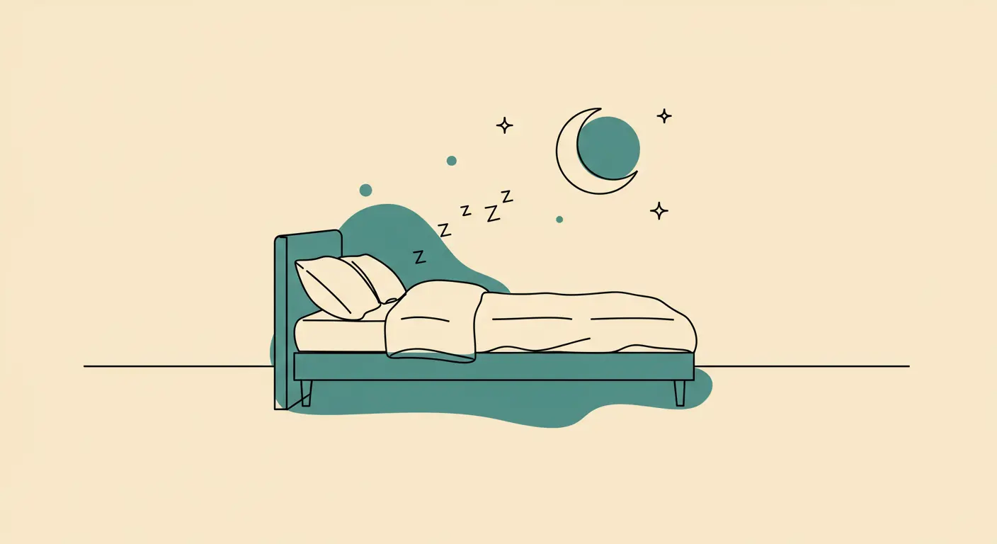 Line illustration of a bed under a crescent moon